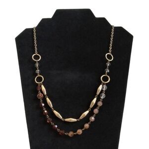 Vintage Brown & Gold Faceted Beads Lightweight Double Strand Statement Necklace